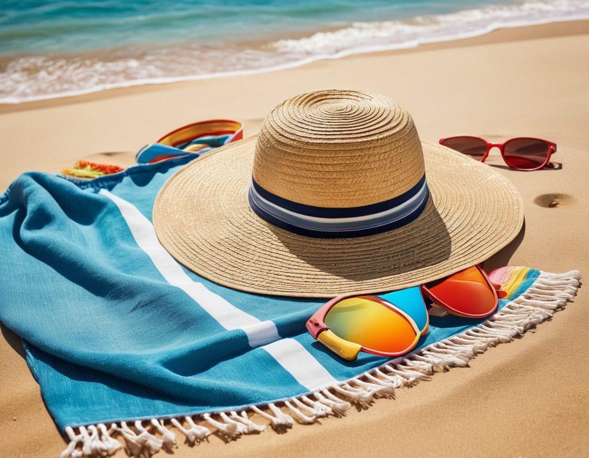A sun-kissed beach scene showcasing stylish beach accessories like a vibrant striped beach towel, trendy sunglasses, a chic wide-brimmed straw hat, and a colorful beach bag filled with sunscreen and a novel. Capture the sparkling ocean waves and golden sand in the background, with a bright blue sky overhead, creating a perfect summer vibe. super-realistic. vibrant colors. white background.